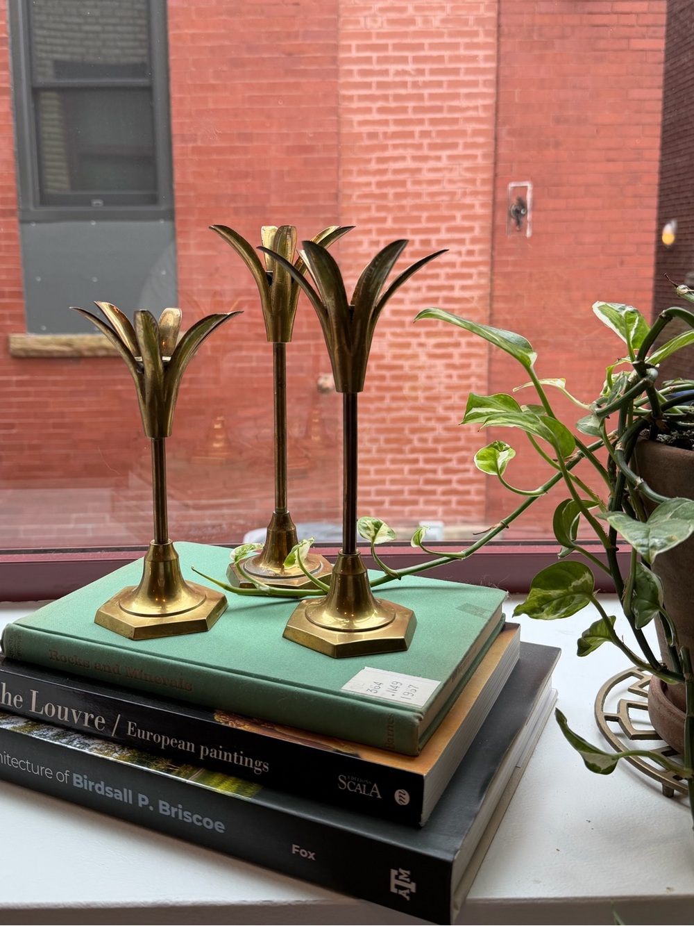 Vintage Brass Lotus Flower Candlestick Trio Set